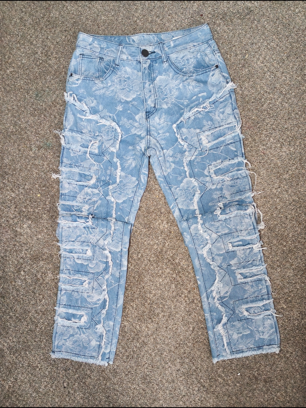 Light Blue Floral Ripped Skinny Jeans for Men